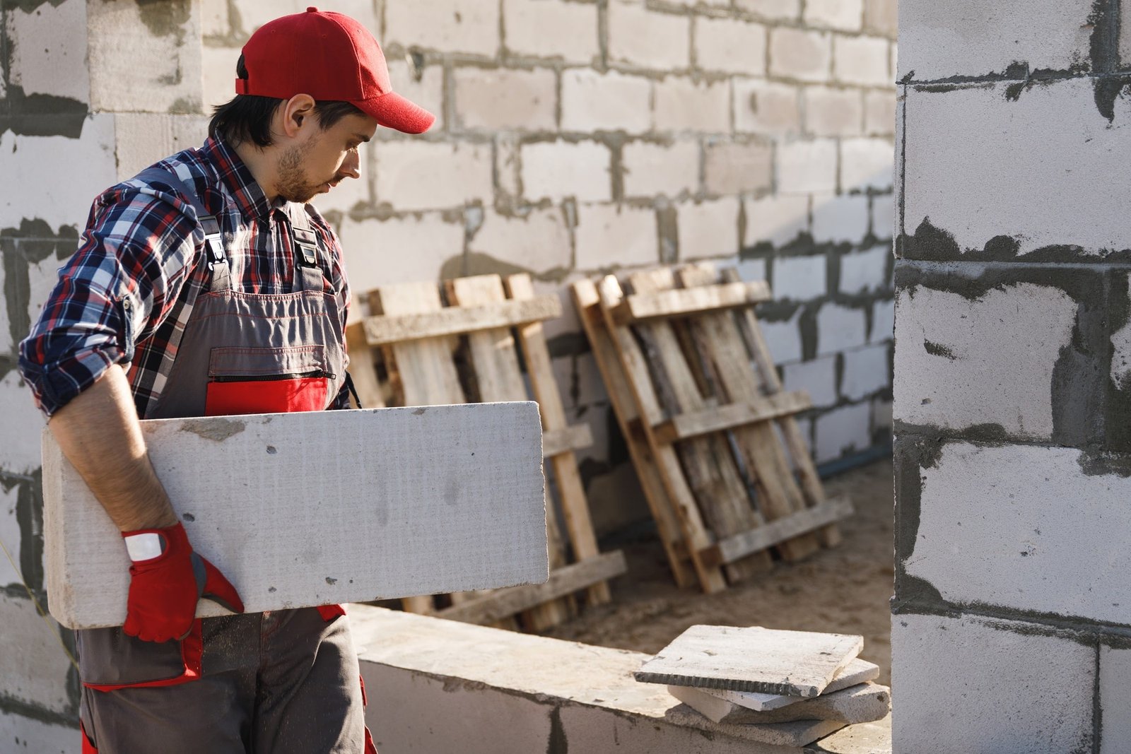 Le maçon travaille sur le chantier de construction