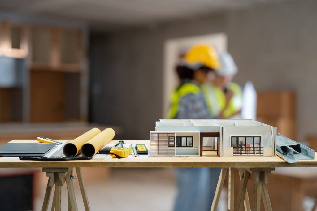 Maison de construction et bâtiment. Travaux de réparation. ddl, ordinateur portable, et, construction bureau, sur, table