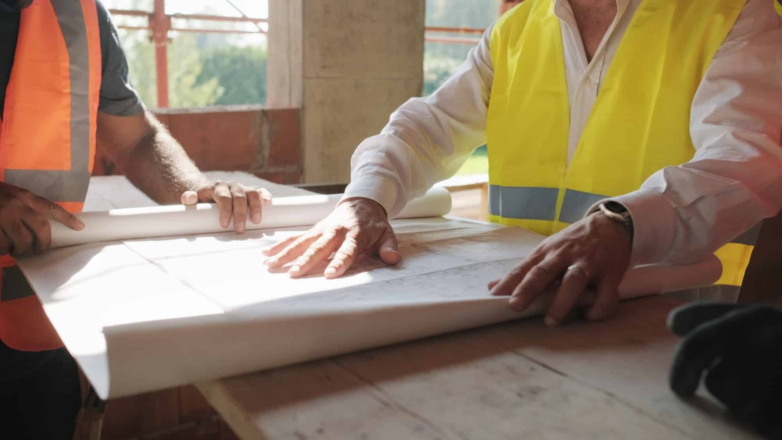 Superviseur montrant les plans de construction aux travailleurs de la nouvelle maison